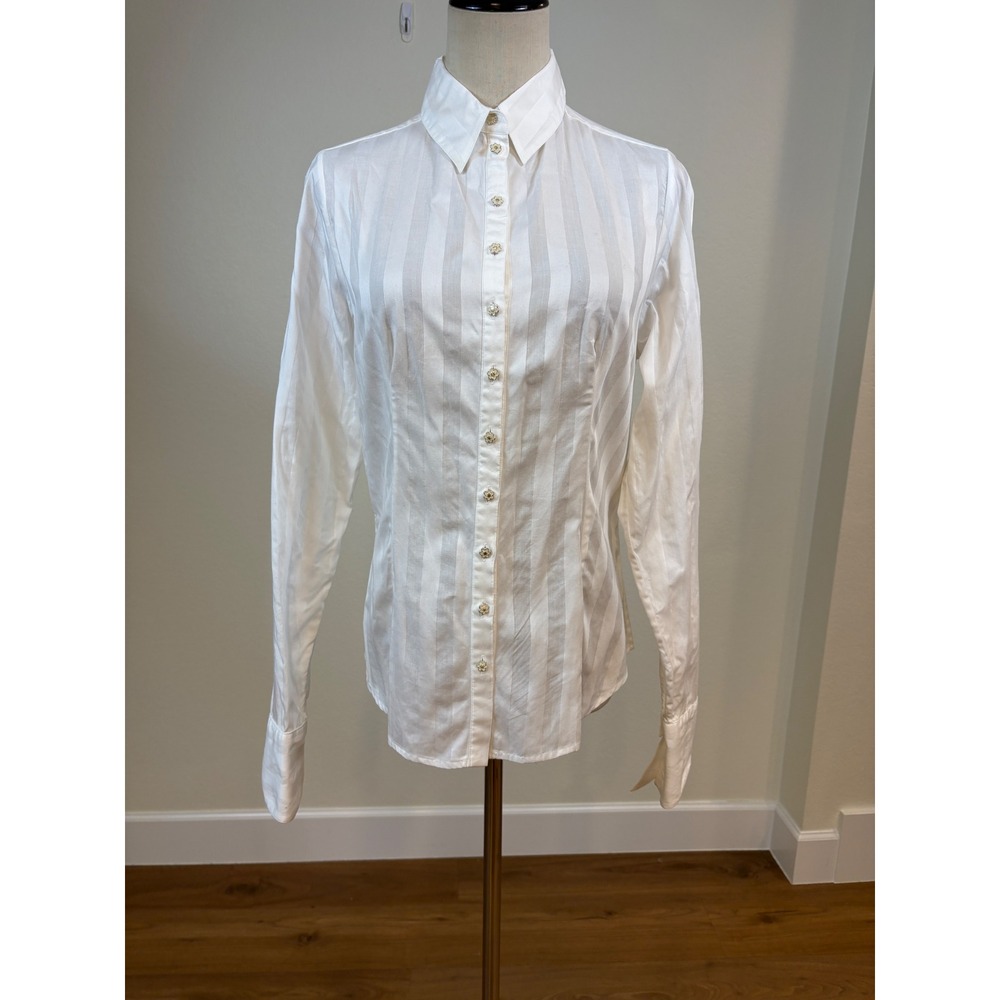 Anne Fontaine Button Down Shirt Womens 40 White Flower Button Stripe Fitted chic